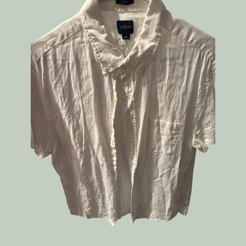 J.Crew Mens Slim Fit Short Sleeve Linen Cotton Button Down Shirt White Large